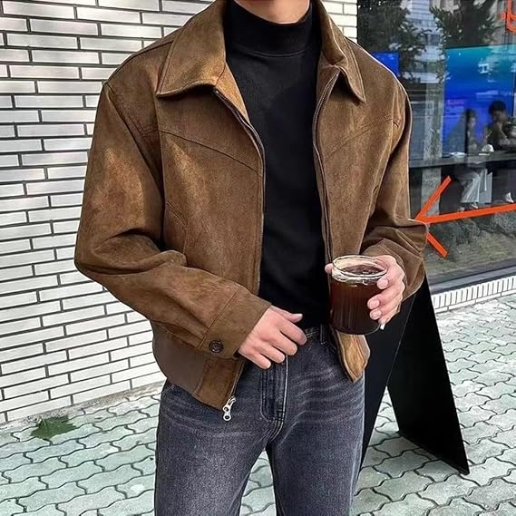 Men’s Suede Cropped Lapel Jacket for Spring and Autumn, Loose Fit Retro Maillard Style Coat in Brown or Black, Vintage Outerwear for Casual Daily(M Brown)