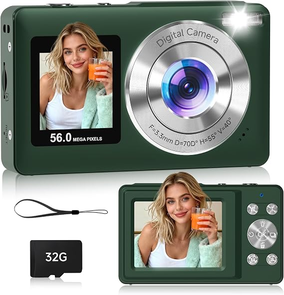Digital Camera, 56MP Dual Screen Autofocus Vlogging Camera, 16X Zoom Point and Shoot Camera for Photography, Anti-Shake, 32GB Card, Compact Camera for Teens Adults, Green