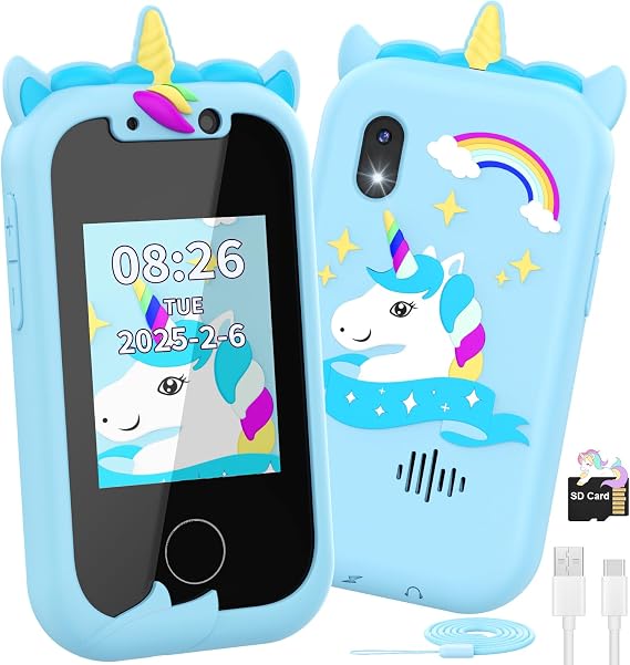 Ashfly Kids Phone for Girls,2.4’’ Kids Smart Phone Learning Toy with Dual Camera Music Player SD Card,Unicorns Christmas Birthday Gifts for 3-8 Year Old Girls-Blue