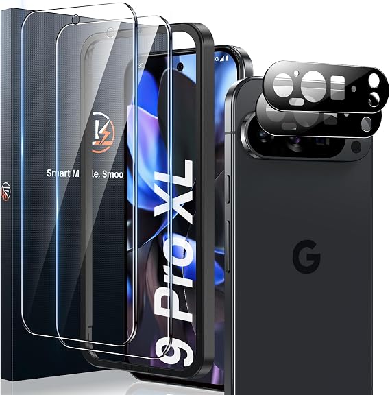 LK 2+2 Pack Screen Protector for Google Pixel 9 Pro XL, 2pcs Tempered Glass Screen Protector & 2pcs Camera Lens Protector, Support Fingerprint Unlock, HD Screen, Anti-Scratch, Easy Installation
