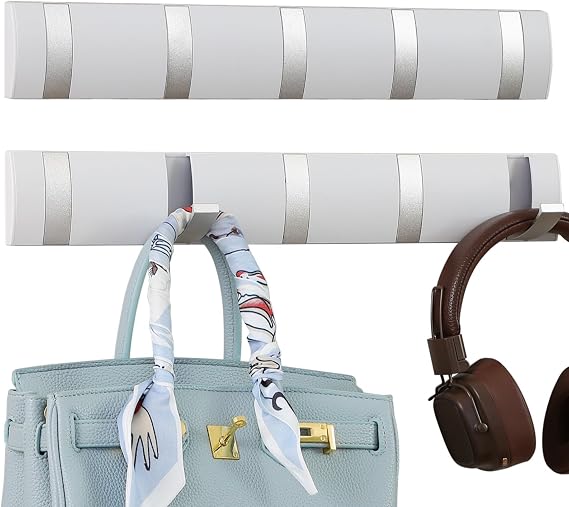 2 Pack Foldable Coat Rack Wall Mount,wall mounted coat rack, Modern Coat Hanger Wall Mount,Stylish Wall Hook Rack, white and Silver 5 Hooks.