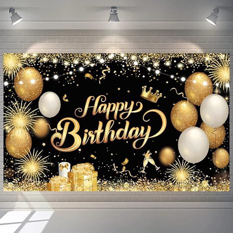 Happy Birthday Banner Gold Happy Birthday Backdrop 1.1 x 1.8m birthday Photo Backdrop Backgroud for BIRTHDAY Anniversary Party(Black Gold)