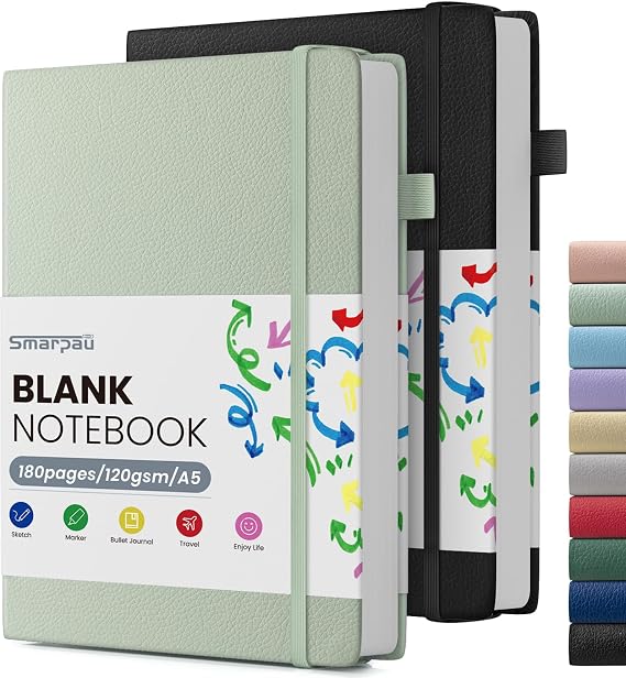 Smarpau 2 Pack Plain Notebook A5, 360 Pages Hardcover Unlined Notebook with 120gsm Blank Paper, Thick Paper No Bleed, Leather Journal Notepad for Sketch Drawing, Black Green