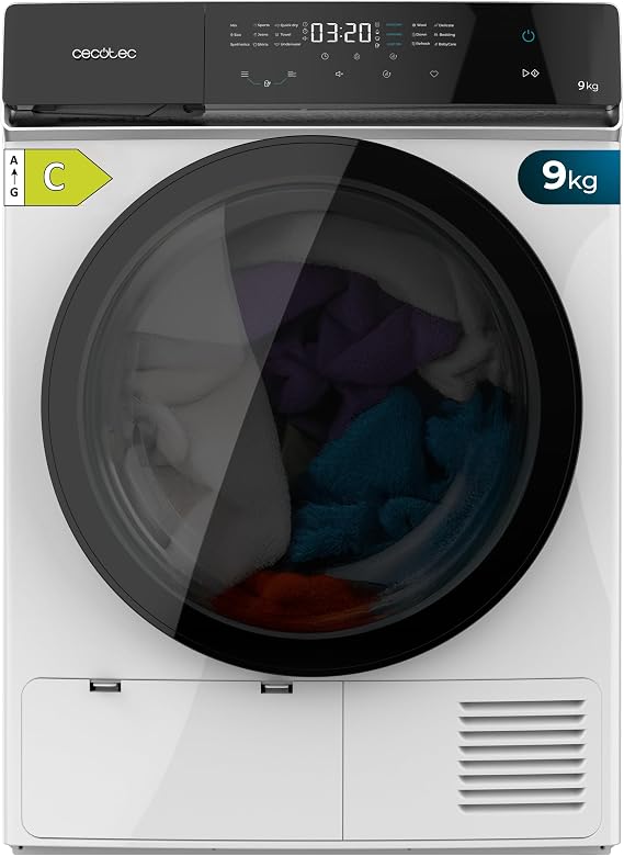 Cecotec 9 kg Heat Pump Dryer Bolero DressCode Dry 9400 Inverter, Equivalent Class A+++, 15 Programs, Automatic Drying Functions, Easy Ironing, Stop&Go, Delay Start and KidLock, White [Energy Class C]
