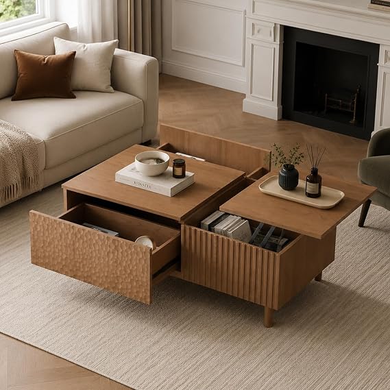 Modern Coffee Table with Storage, Wood Finish, Textured Panel Design, Mid-Century Style, Living Room Furniture (Walnut, 130 * 70 * 48cm)