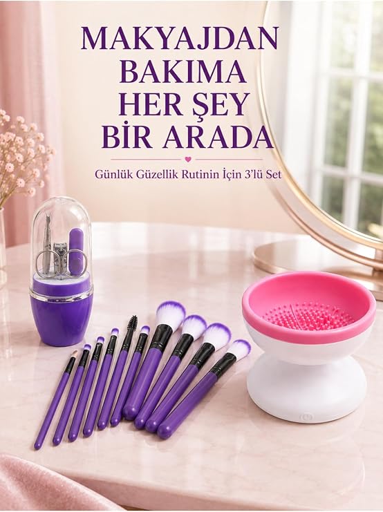 My Best Store 3’lü Güzellik ve Bakım Seti 12’li Mor Makyaj Fırçası Fırça Temizleme Cihazı ve Manikür Pedikür Tırna