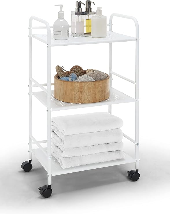 SunnyPoint 3-Tier Rolling Utility Cart – Metal Storage Organizer with Wheels, Mobile Kitchen Cart, Office & Home Organizer, White, 12" D x 16.92" W x 31.1" H