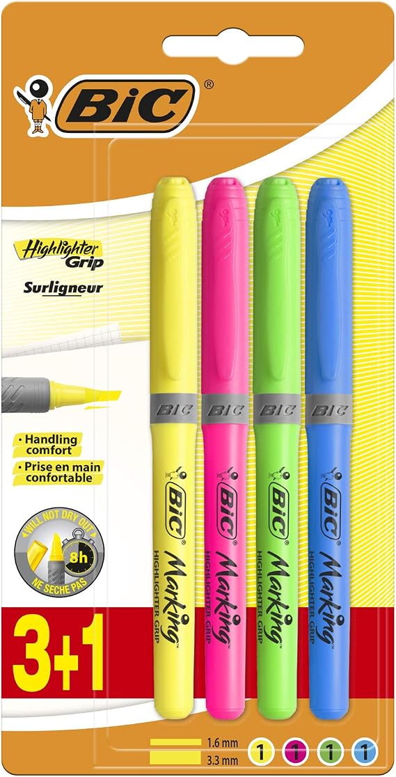 BIC Marking Highlighter Grip Fosforlu Kalem Karışık Renk 3+1'li Blister