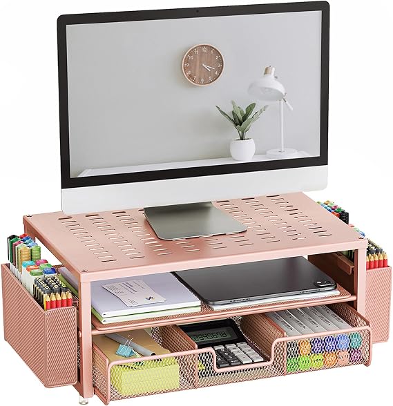 gianotter Desk Computer Monitor Stand with Drawer and 2 Pen Holders, Desk Organizer for Women, Home Office Essentials (Rose Gold)