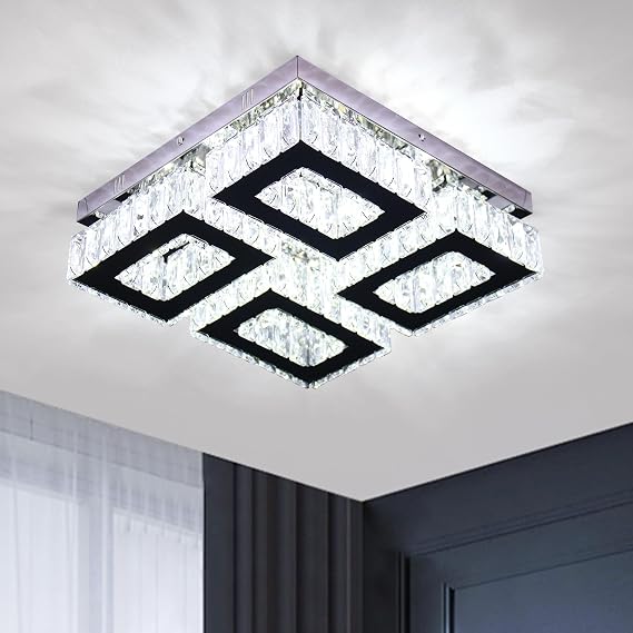 13.1" Square Crystal Flush Mount Chandelier Ceiling Light White [Energy Class E]