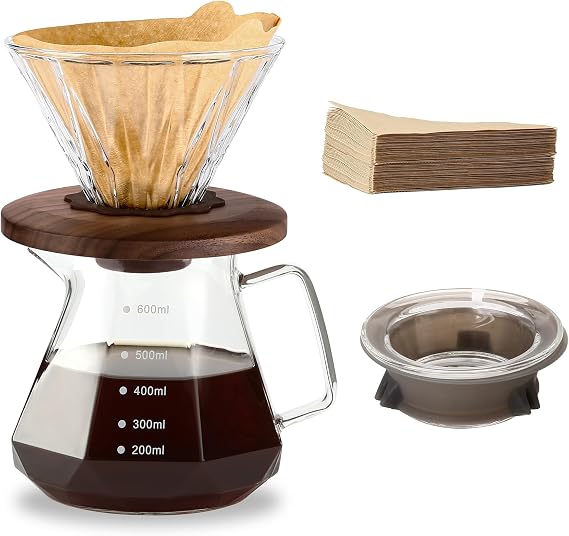 Pour Over Coffee Maker, 600 ml Borosilicate Glass Carafe with 100 pcs Size 02 Paper Filter, Walnut Handle & Glass Lid, 600 ml, Clear