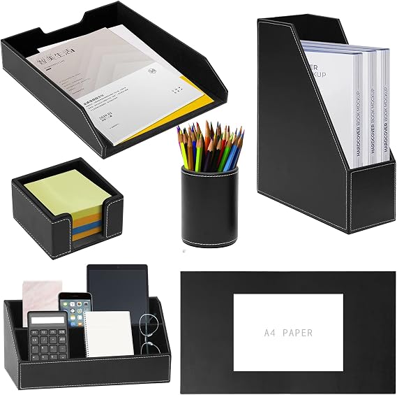 PU Leather 6-Piece Set Office Supplies/Desk Organizer,Including Writing Pad,Paper Tray,file folder/Magazine Holder,Pen Cup,Note Holder,Business Cards/Letter Sorter,Man/Woman Office Gift(Black)