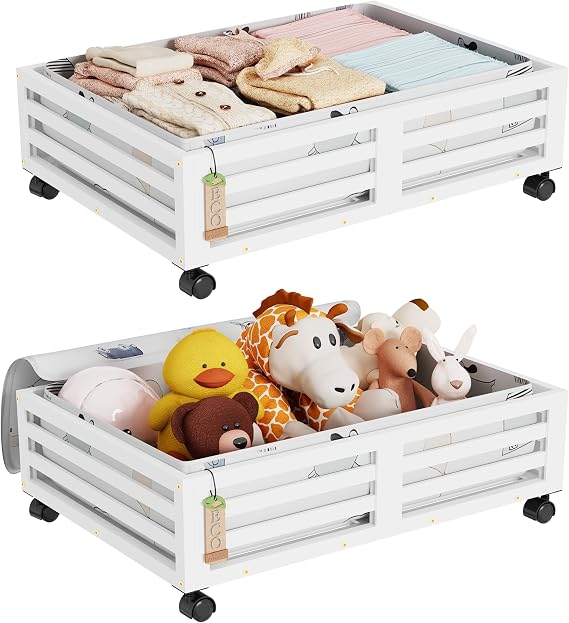 Under Bed Storage with Wheels-Large Bamboo Underbed storage Containers with Large Dust Bag Stackable Under the Bed Shoe Storage Bins for Clothes Books Bedding (2 Packs White, 23.62"L16.54"W 6.51"H)