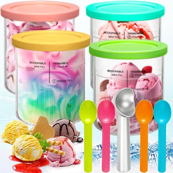 Creami, Container for Ninja Creami Ice Cream Machine, 4 Units for Ice Cream, Ice Cream Machine Accessories, for Nc500 Nc501 Ninja, Cup and Lid, Suitable for Gelato