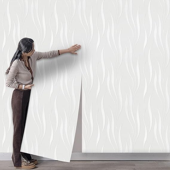 White 3D Embossed Wallpaper Non-Woven Wave Stripes Roll Silver Glitter Textured Wall Paper for Livingroom Bedroom Hallway Kitchen Front Room