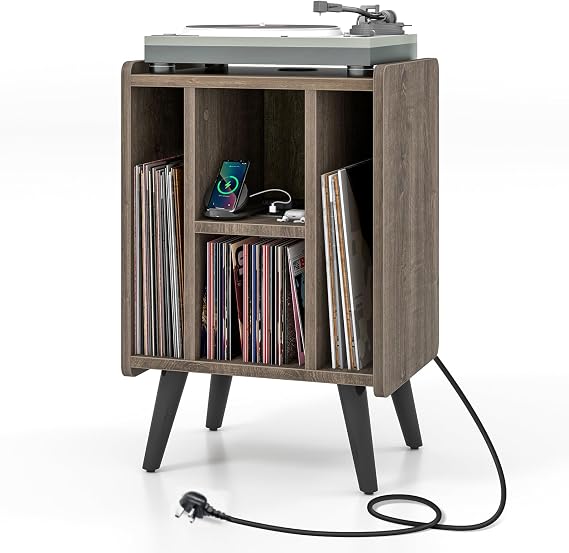 COSTWAY Record Player Stand with Charging Station, Turntable Stand End Sofa Side Table with 4 Open Shelves, Wooden Albums Vinyl Record Storage Cabinet Holder for Living Room Bedroom (Grey Oak)