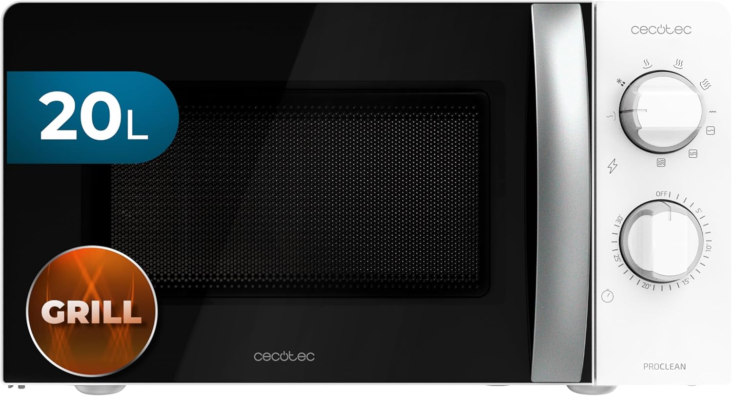 Cecotec Microondas con Grill ProClean 2110. 700W con 6 Niveles de Potencia, Capacidad 20 L, Función Grill, Tecnología 3DWave, Modo Descongelación, Temporizador hasta 30mins