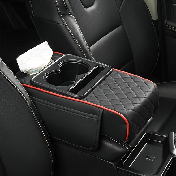 Multifunctional Car Armrest Cushion, Integrated Pressurized Multifunctional Car Armrest Heightening Pad, 2 Storage Cup Holder, Tissue Box & Side Pockets, Phone Storage Slot (Black Red)