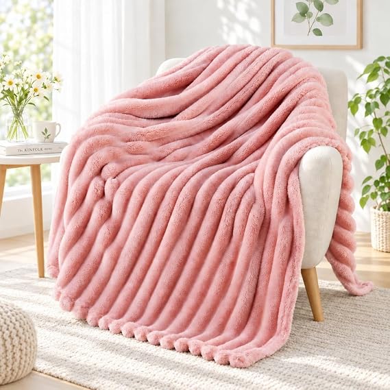 Exclusivo Mezcla Soft Striped Fleece Blanket, Pink Fluffy Sofa Bed Throw