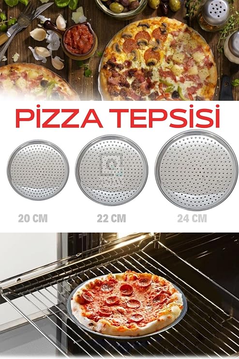 Pratik Lüx Paslanmaz Çelik Pizza Pişirme Altlığı 3 lü Tepsi Seti (20-22-24 cm) Master Chef Pizza (gri)
