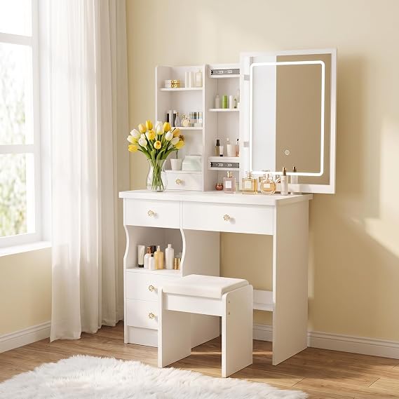 Vanity Mirror LED Lighting Adjustable Brightness Dressing Table with Stool Dressing Table with 5 Drawers and 3 Shelves