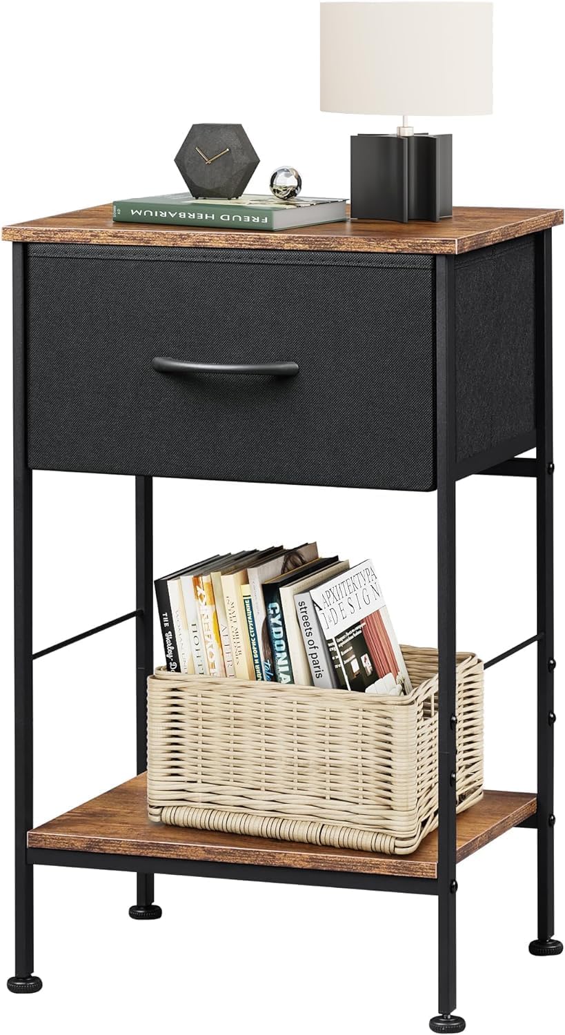 WLIVE Side Table, 2-Tier Bedside Table with 1 Storage Drawer, Nigntstand with Steel Frame, End Table for Bedroom, Living Room, Rustic Brown