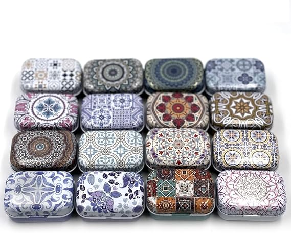 8 Pack Rectangular Small Tin Box Metal Hinged Tins for Candies Jewelry, 6X4X2.5 CM (Ethnic Pattern)