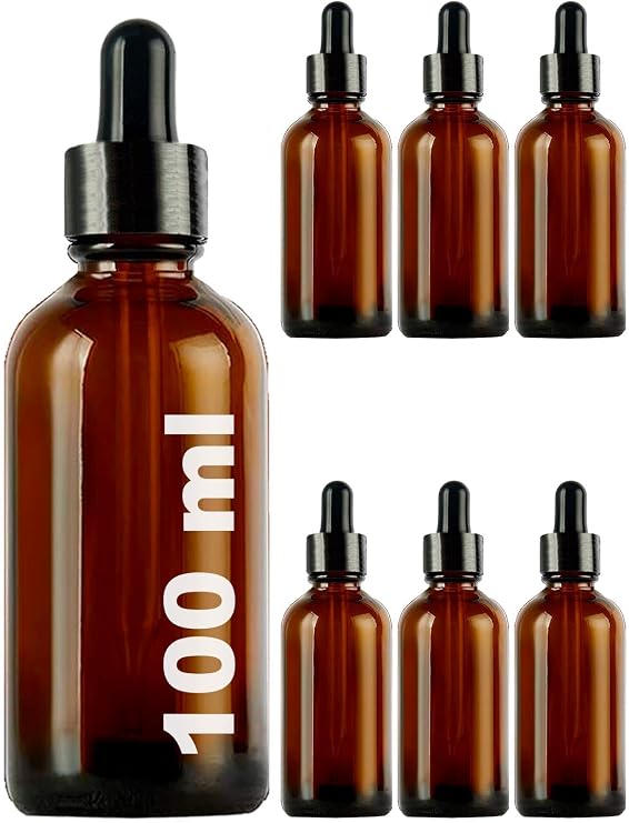 Afracam 100ml Dropper Dropper Bottle with Metal Lid Serum 100 cc Glass Bottle 6 Pieces (Black Lid, Amber/Brown)