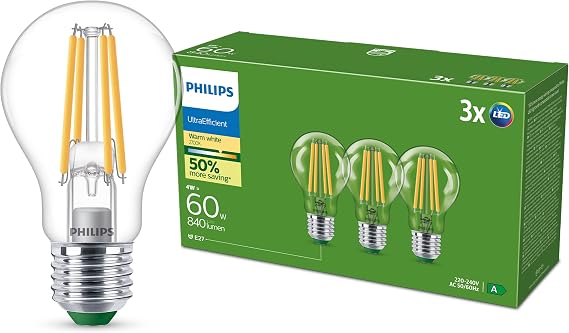 Philips Ultra Efficient LED Light Bulb, Energy Efficiency Class A, E27, 60