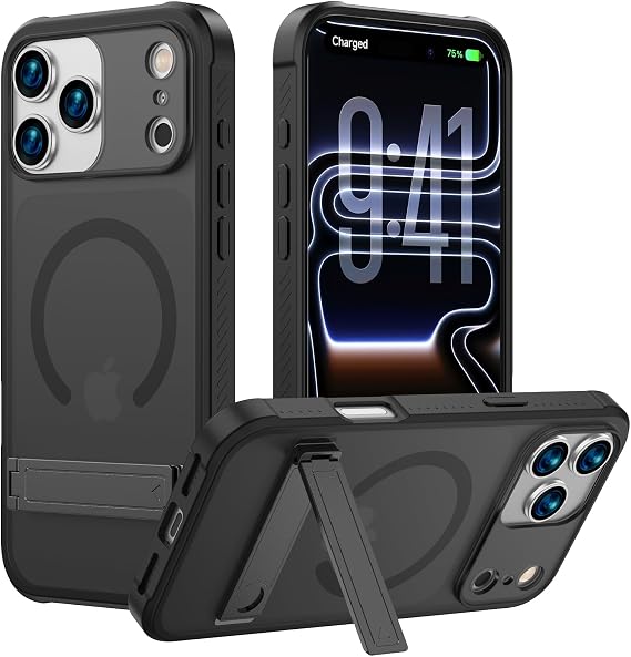 iPhone 17 Pro Max用ケース、内蔵キックスタンド、MagSafe対応、スリム半透明耐衝撃落下防止保護携帯電話ワイヤレスバンパーカバー、ブラック