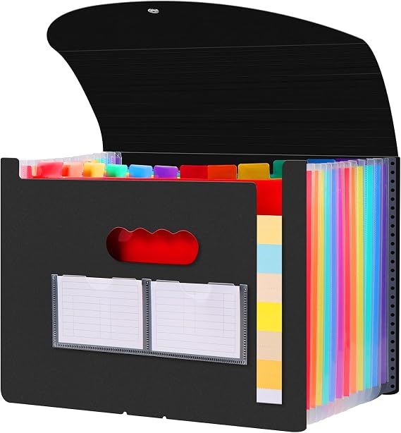 Diboniur A4 Accordion Folder Folder, Expanding File Organizer with 12 Pockets, Portable Folder Dividers Documents Files for Office School (Black)