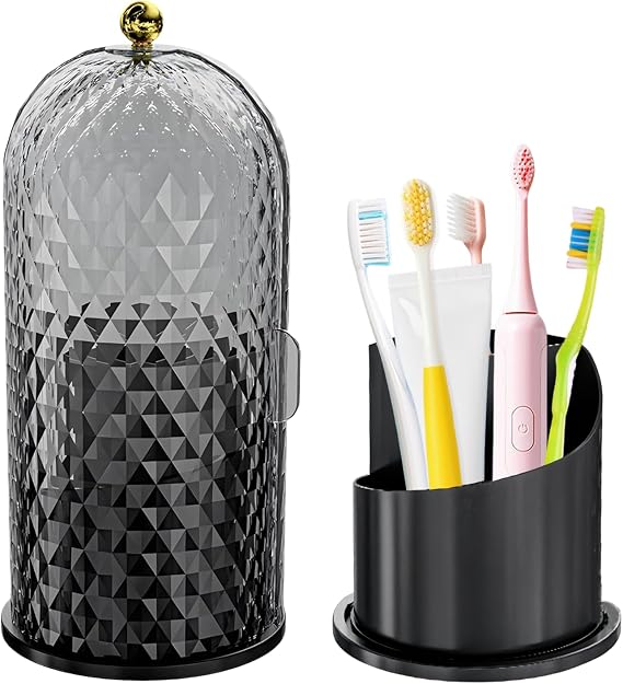 Multifunctional Rotating Toothbrush Holders with Sliding Lid, The 3-Slot Bathroom Countertop Vanity Organizer Perfect for Tooth Brush, Toothpaste, and Makeup Brushes Holder Storage (Black)