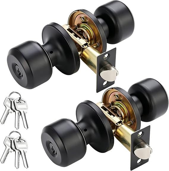 2 Set Privacy Knob Set Black Door Knob with Lock & 3 Key for Internal Door