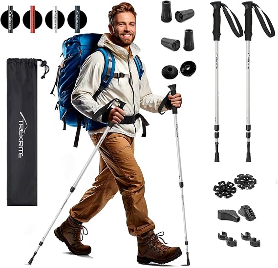 Trekrite Telescopic Walking Poles Set, Collapsible Hiking Poles, 3-Section Anti Shock Trekking Sticks for Men & Women - Adjustable Hiking Sticks with Accessories from a UK Based Company