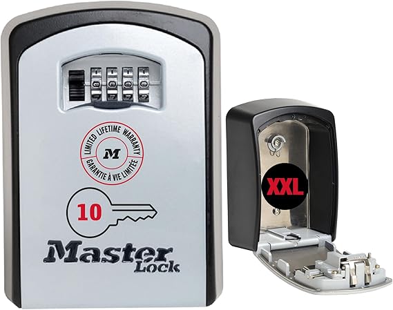 MASTER LOCK Extra Large Key Safe Wall Mounted, XL 106 x 146 x 53 mm, Outdoor, Mounting Kit, for Home Office Industries Vehicles, Black & Silver