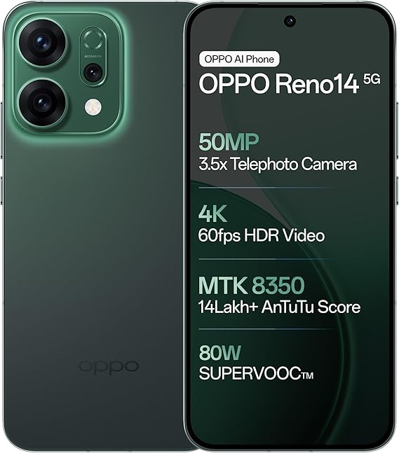 Oppo Reno14 5G (Forest Green, 12GB RAM, 512GB Storage) with No Cost EMI/Additional Exchange Offers