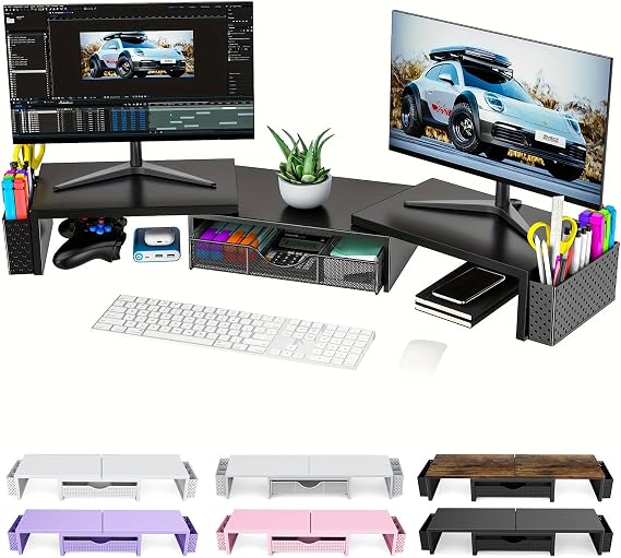 Dual Monitor Stand Riser, Metal Monitor Desk Accessories with Drawer and 2 Pen Holder, Adjustable Length and Angle - Computer Monitor Stand for Screen, Computer, Printer (Metal Black)