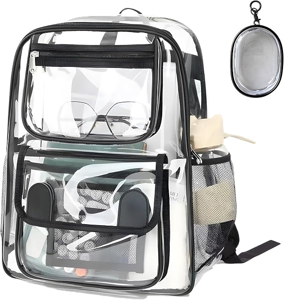 Clear Backpack - PVC Waterproof Transparent Bag, Large Capacity See Through Backpack with Data Cable Storage Bag, Clear School Rucksack with Adjustable Straps for College Work Travel Concert Sports