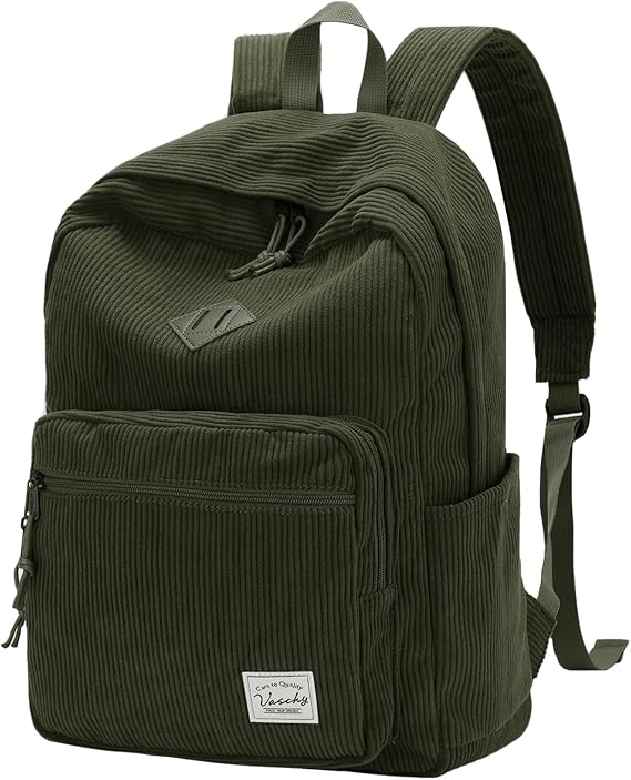 VASCHY Corduroy School Backpack, Vintage Casual Kawaii Girls School Bag Cute Aesthetic Fuzzy Fluffy Plush Fleece Laptop Rucksack Daypack for Travel Teens/Man/Women, Dark Green