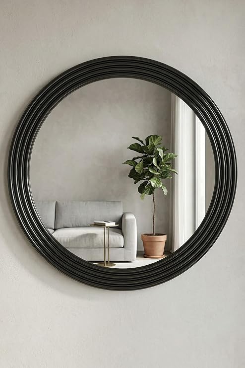 Zümrüt Siyah Dekoratif Ayna Yuvarlak Ayna Işlemeli Ahşap Duvar Aynası Tekli (44cm Ayna - 56cm Çerçeve)