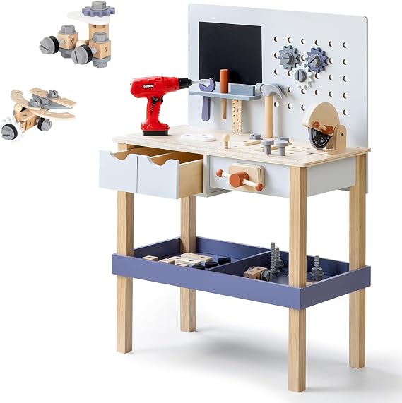 Wooden Kids Tool Bench with Electric Drill, Toy Workbench with Platform