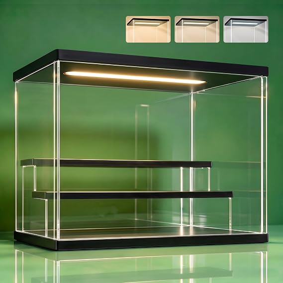 NONEMEY Clear Acrylic Display Case Stand with Led Light 2/3/4/5/6 Tier Storage Box Showcase Dustproof Organizer Box for Collectibles (Black 3Tier 12.4x7x9inch,31.5x18x23cm)