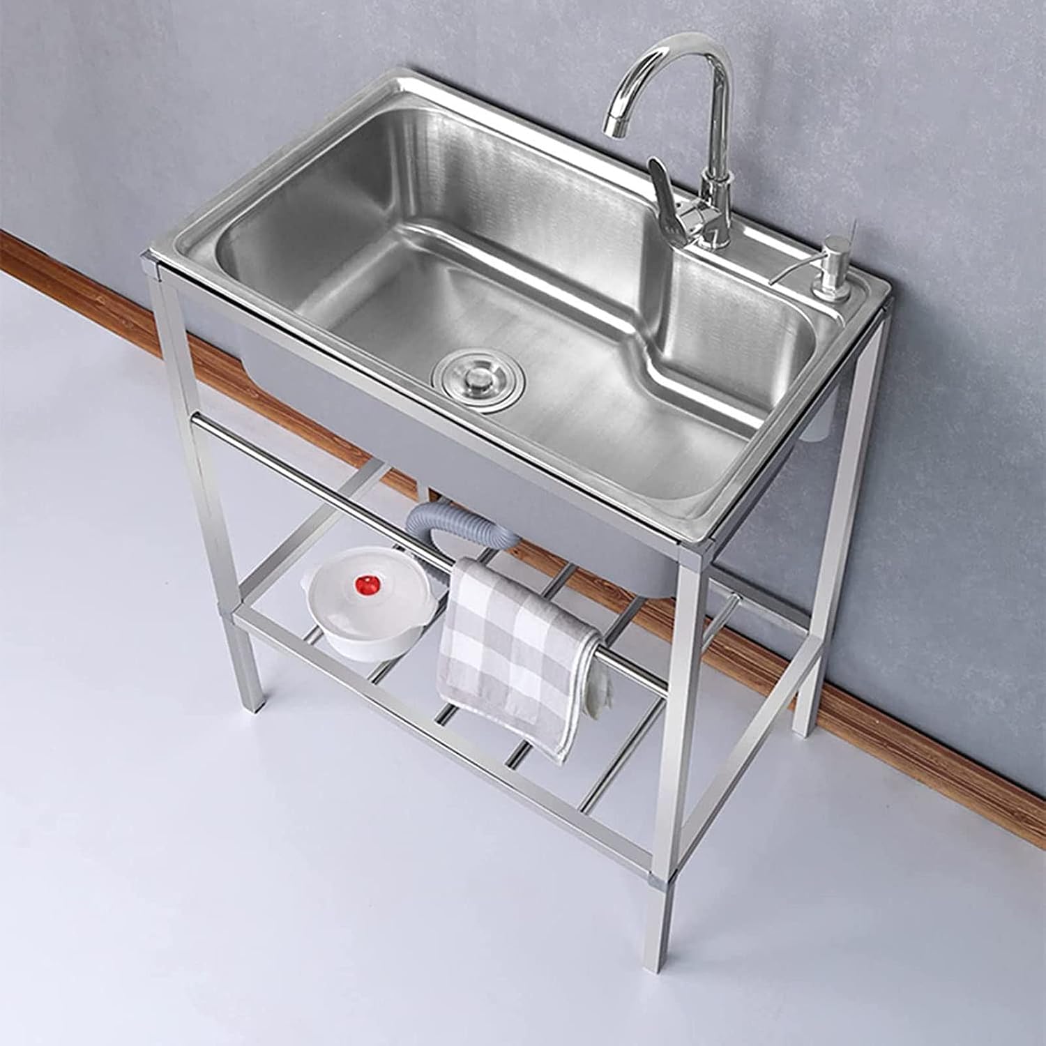 Freestanding Stainless Steel Sink, Outdoor Wash Basin with Hot and Cold Faucet Commercial Single Bowl Sink for Garage Workshop Laundry Room Camping
