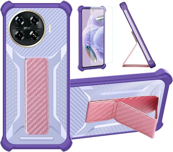 Case Compatible for Tecno Spark 20 Pro+Plus Phone Case Cover [with Tempered Glass Screen Protector] Hybrid Case [Folding Support Magnetic] [Frosted anti-fingerprint] Purple