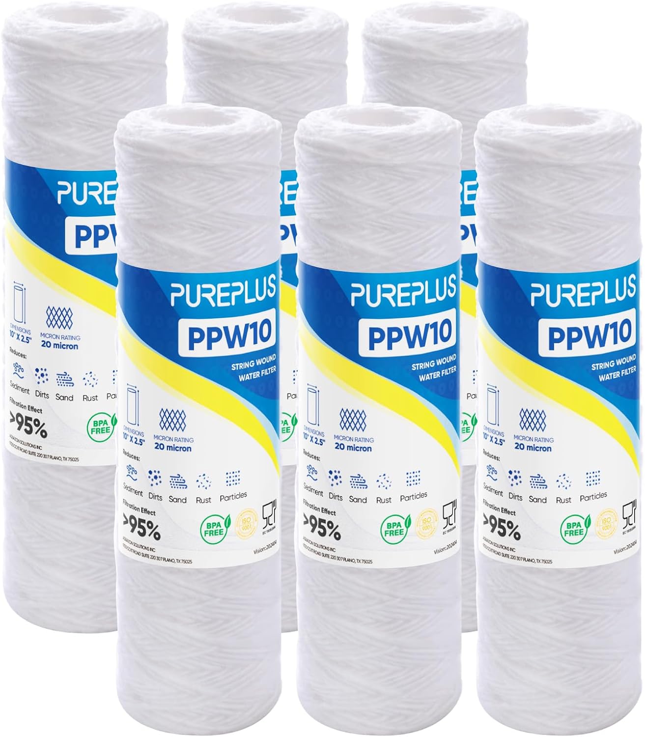 PUREPLUS 20 Micron 10"x2.5" Whole House String Wound Sediment Filter for Well Water, Replacement Cartridge for Universal 10 inch RO System, WP-5, Aqua-Pure AP110, CFS110, Culligan P5,WFPFC4002, 6Pack