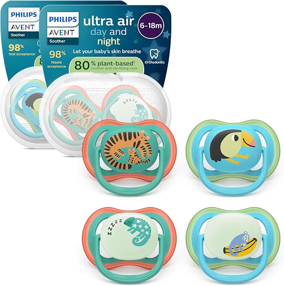 Philips Avent Ultra Air Pacifiers Day & Night - Anatomically Designed for Babies 6-18 Months, Glow in The Dark Model, Symmetrical Soft Silicone Teat, BPA Free, 4 Pack, SCF087/27