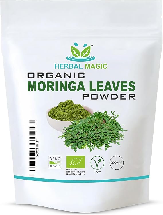 Herbal Magic's Organic Moringa Leaf Powder Raw and Pure Whole Leaves, Green Superfood for Smoothies, Shakes, Baking, Free from Fillers & Preservatives. of&G UK Organic Certified 200g (Pack of 1)