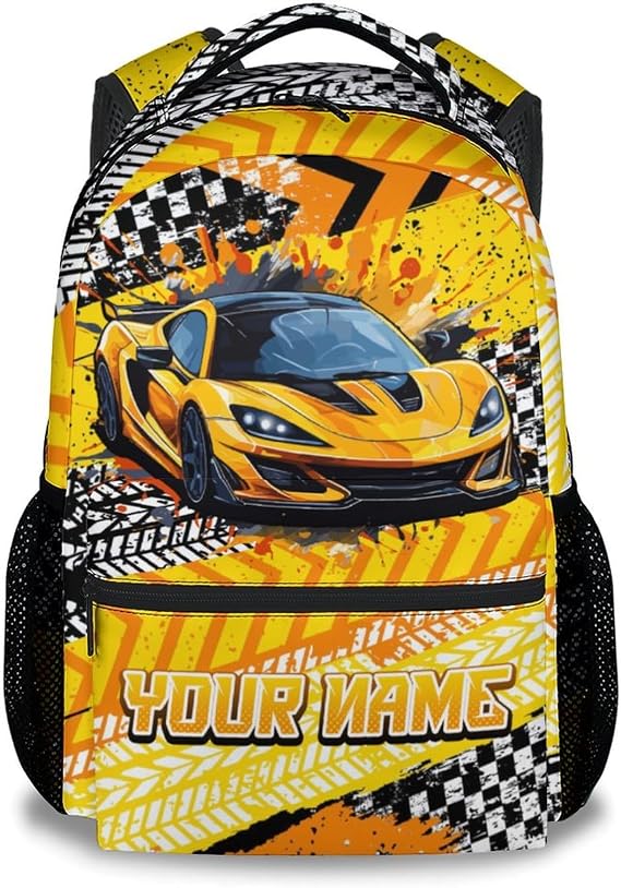 Personalised Backpack for Boys - Custom Name Car Theme School Bag - Kids Backpack for Preschool & Primary - Lightweight Bookbag for School & Travel