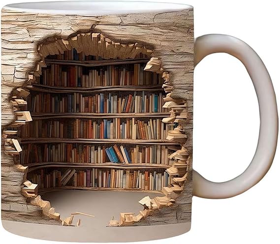 3D Bookshelf Library Mug,Creative 3D Bookshelf Coffee Mug, Visual Effcet Library Shelf Cup, Creative Space Design Multi-Purpose Coffee Cup for Book Lovers, Funny Ceramic Gift for Readers