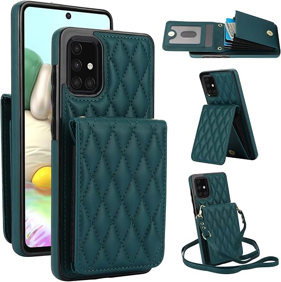 Samsung Galaxy A51 4G用電話ケース ウォレットカバー 強化ガラススクリーンプロテクター クレジットスロットカードホルダー クロスボディ ストラップスタンド RFIDブロック A 51 M40S 51A A515F S51 女性 男性 女の子 ダークグリーン